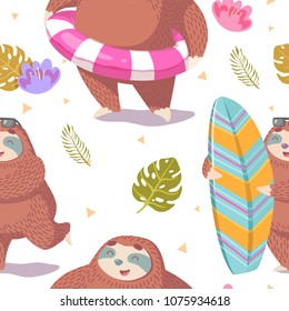 cute seamless pattern with cartoon sloth with surfing board  and inflatable tube with tropical leaves and flowers