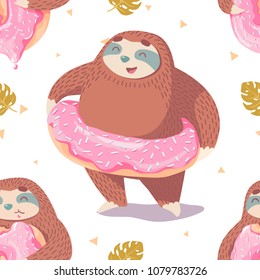 cute seamless pattern with cartoon sloth, donut and tropical leaves .wrapping paper pattern