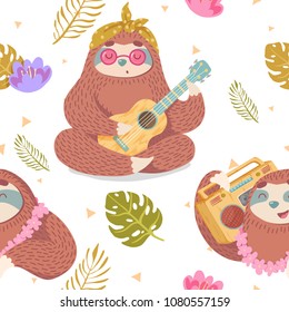 cute seamless pattern with cartoon sloth with retro tape recorder and playing ukulele with tropical leaves and flowers