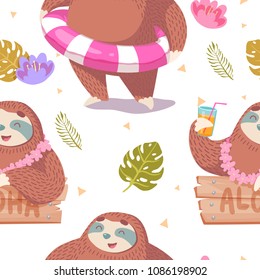 cute seamless pattern with cartoon sloth in lotus pose and playing ukulele with tropical leaves and flowers