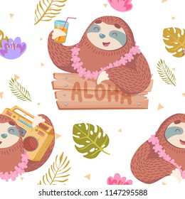 cute seamless pattern with cartoon sloth with retro tape recorder  with tropical leaves and flowers
