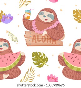 cute seamless pattern with cartoon sloth with glass of juice and watermelon slice with tropical leaves and flowers