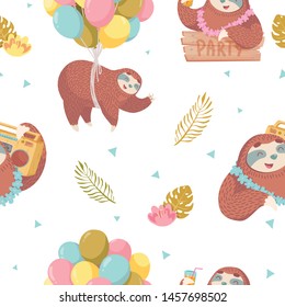cute seamless pattern with cartoon sloth with retro tape recorder and baloons with tropical leaves and flowers