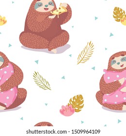 cute seamless pattern with cartoon sloth with slice of pizza and pillow  and tropical leaves and flowers on the background. textile or wrapping paper pattern.colorful  childrens illustration 