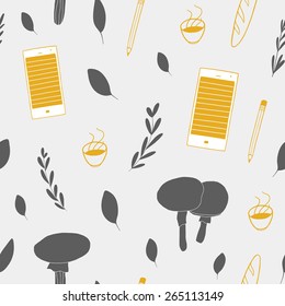 Cute seamless pattern with cartoon small elements like mushrooms, phones, cups and leaves. Cartoon illustrated background