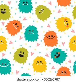 Cute seamless pattern with cartoon smiley monsters. Different fluffy monsters characters. Vector illustration