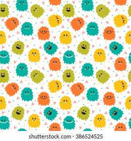 Cute seamless pattern with cartoon smiley monsters. Different fluffy monsters characters on white background. Vector illustration