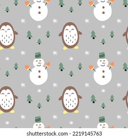 Cute seamless pattern with cartoon snowmans, fir trees and penguins. Christmas and winter background in Scandinavian style.