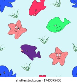 Patrón sin foco con delfín de estrella y ballena sobre fondo azul. Patrón de los niños para los textiles
