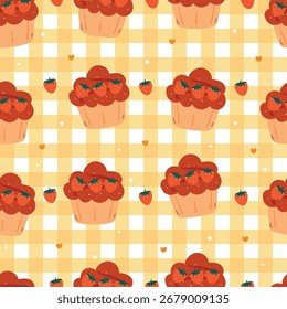 cute seamless pattern cartoon strawberry and chocolate cupcake in yellow checkered background