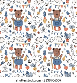 Cute seamless pattern in cartoon style of teddy bear gardener with rake, vegetables, fruits and garden plants. Background for children's and home textiles, garden decor, wrapping paper.