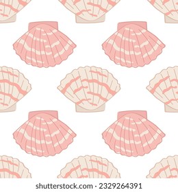 Cute seamless pattern with cartoon style pink seashells.
