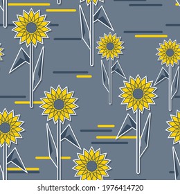 cute seamless pattern with cartoon sunflowers. sunflowers with white outline, yellow and dark stripes on a light gray background. vector