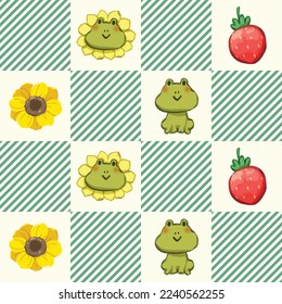 La caricatura de patrón impecable es la composición de ranas verdes, flores, fresa, tablero de ajedrez y rayas. Estilo Kawaii. Descarga digital, imagen vectorial.