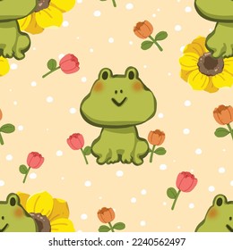 Cute seamless pattern cartoon there are green frogs, flowers, small polka dots and a bright yellow background as the composition. Kawaii style. Digital download, Vector image.