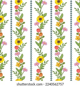 Caricatura de patrón impecable hay varios tipos de flores y hojas, la forma de un pequeño triángulo verde se arregla en una fila sobre fondo blanco. Estilo Kawaii. Descarga digital, imagen vectorial.