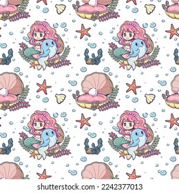 Cute seamless pattern cartoon there are Various types of A mermaid sits on a seashell, whale, starfish, seaweed and bubbles. Kawaii style. Digital download, Vector image.
