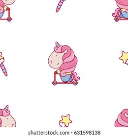 cute seamless pattern with cartoon unicorn and magic wand. wrapping paper design, children's illustration