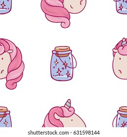 cute seamless pattern with cartoon unicorn and magic in bottle. wrapping paper design, children's illustration