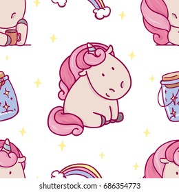 cute seamless pattern with cartoon unicorn, magic wand and rainbow. wrapping paper design, children's illustration