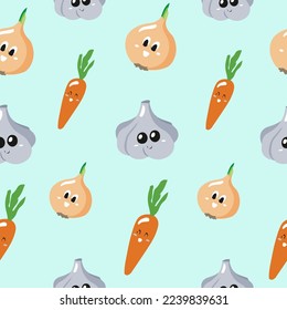 Cute seamless pattern with cartoon vegetables - onion, carrot and garlic. Vector illustration for cards, posters, flyers, webs and other use.