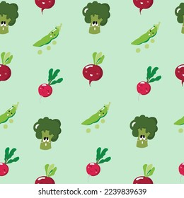 Cute seamless pattern with cartoon vegetables - broccoli, green peas, radish and beetroot. Vector illustration for cards, posters, flyers, webs and other use.