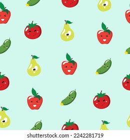 Cute seamless pattern with cartoon vegetables and fruits - apple, pear, cucumber and tomato.