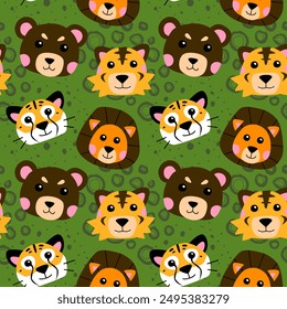Cute seamless pattern with cartoon wild animal head picture