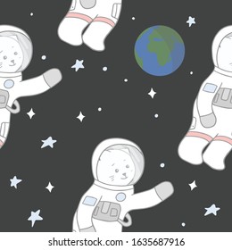 Cute seamless pattern with cat astronaut and Earth illustration. Vector illustration for fabric, textile, nursery wallpaper, print.