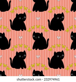 Cute seamless pattern with cat and butterfly.