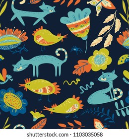 Cute seamless pattern with cat and chiken. Floral summer background with farm animals and insects. Vector illustration with abstract flowers in decorative style. Design for surfaces and fabrics