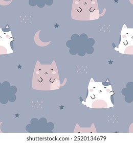 Cute seamless pattern with cat and clouds. Kids creative texture for kids apparel, baby product, wallpaper, wrapping paper, fabric. Vector illustration