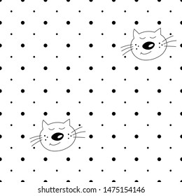 Cute seamless pattern with cat faces. Doodle style. Cats on white polka dots background. Colouring page for adults and kids. Collection isolated funny kitten with different emotion in cartoon style.