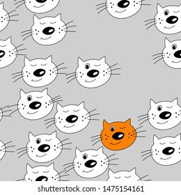 Cute seamless pattern with cat faces. Doodle style. Cats on grey background.  Colouring page for adults and kids. Collection isolated funny kitten with different emotion in cartoon style.