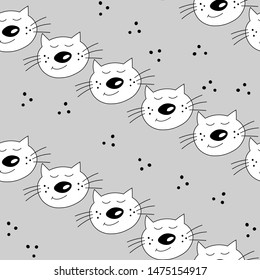 Cute seamless pattern with cat faces. Doodle style. Cats on grey polka dots background.  Colouring page for adults and kids. Collection isolated funny kitten with different emotion in cartoon style.
