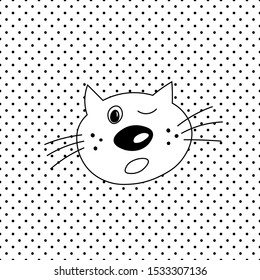 Cute seamless pattern with cat faces. Doodle style. Cats on white polka dots background. Colouring page for adults and kids. Collection isolated funny kitten with different emotion in cartoon style.