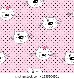 Cute seamless pattern with cat faces. Doodle style. Cats on pink polka dots background. Colouring page for adults and kids. Collection isolated funny kitten with different emotion in cartoon style.