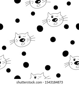 Cute seamless pattern with cat faces. Doodle style. Cats on white polka dots background. Coloring page for adults and kids. Collection isolated funny kitten with different emotion in cartoon style.