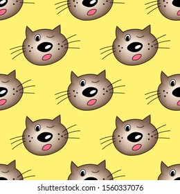 Cute seamless pattern with cat faces. Doodle style. Colorful cats on yellow background. Collection isolated funny kitten with different emotion in cartoon style.