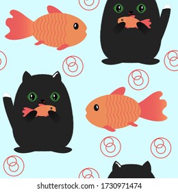 cute seamless pattern. cat with fish on a blue background. sweet wallpaper for children's room, textile, pet shop. vector, eps 10