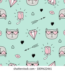 Cute seamless pattern with cat, hearts and love doodles