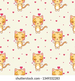 Cute seamless pattern with cat, kitty. Baby t-shirt print, kids wear, baby celebration, fabric, and wrapping. Vector