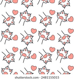 cute seamless pattern with cat paws and heart shape