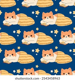 Cute seamless pattern cat sleeping under yellow blanket. Adorable kawaii kitten hand drawn doodle. Isolated vector clip art illustration