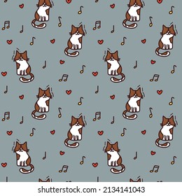 cute seamless pattern with cat and small hearts. doodle illustration