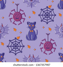 Cute seamless pattern with cat with star eyes, laughing bat, spider web and autumn leaves. Violet background. Flat linear style illustration. Vector.