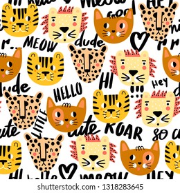 Cute seamless pattern and cat  tiger  lion   jaguar  Creative vector childish background for fabric  textile  nursery wallpaper  Vector Illustration 