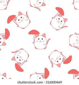 Cute seamless pattern with cat and umbrella, stock vector illustration