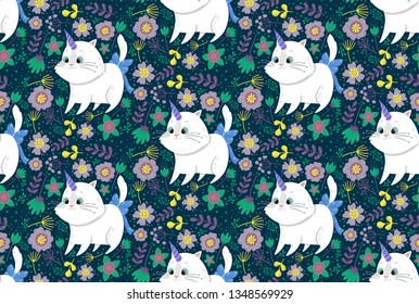 Cute seamless pattern with cat unicorn, plants, and flowers. Can be used for baby t-shirt print, fashion print design, kids wear, baby celebration, fabric, and wrapping.