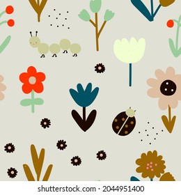 Cute seamless pattern with caterpillar,flowers, ladybug and dots. Good for kids fabric, fashion textile, nursery wallpaper. Stylish minimalistic abstract pattern.
